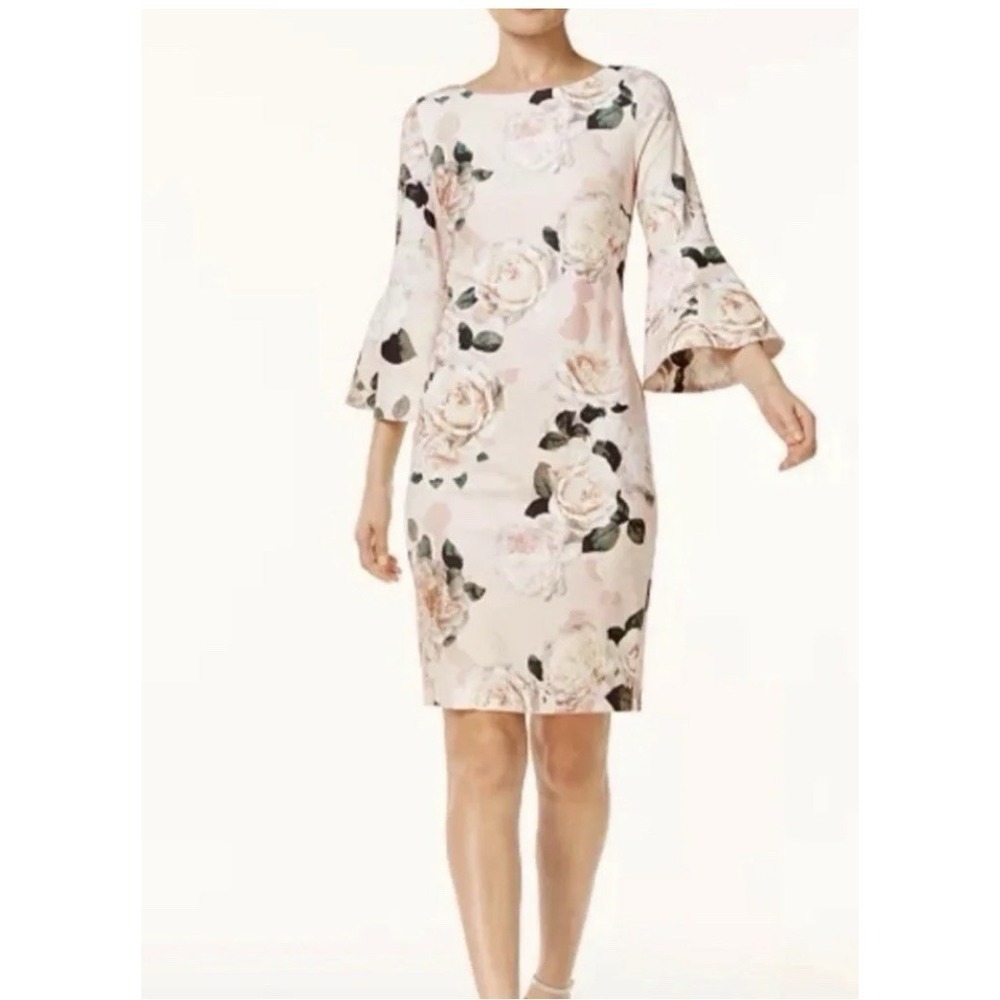 Calvin Klein Pink Floral Bell Sleeve Stretch Crepe Sheath Zip Dress Size 12